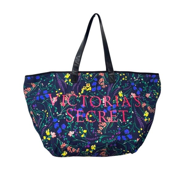 Victoria's Secret Floral Weekender Tote Bag Black Zippered - Picture 1 of 7